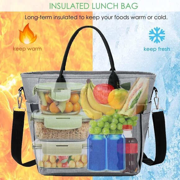 Large Insulated Lunch Bag for Women, Tote for Work, Picnic & Outdoor Grey - Picture 4 of 7